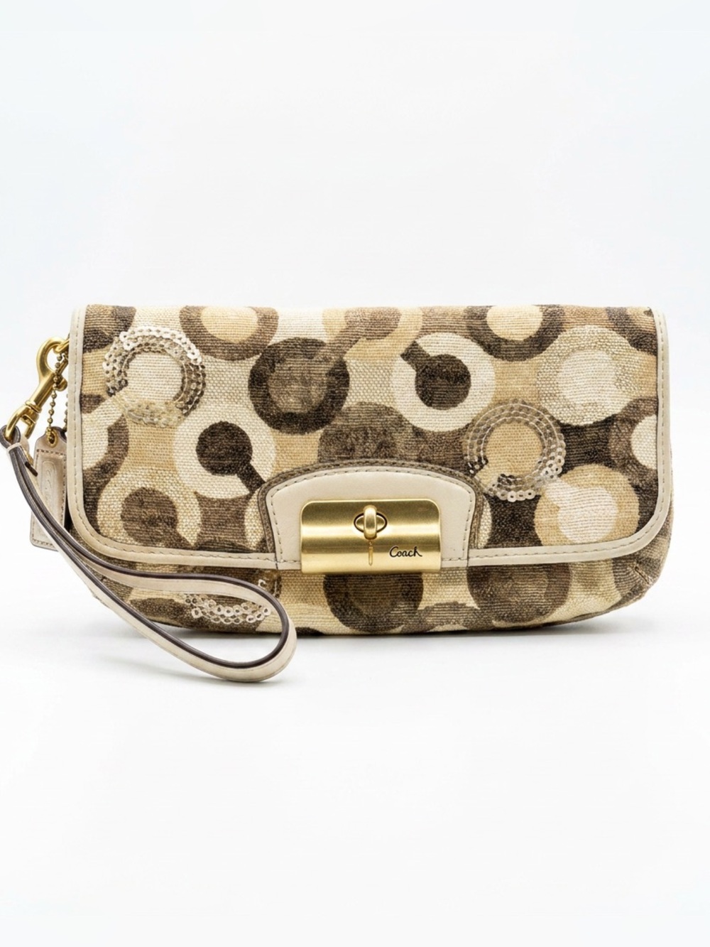 Coach Beige and Brown Circular Pattern Wristlet with Gold Hardware